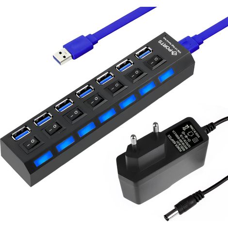 7-Port USB Hub with Power Adapter, 5Gbps Portable USB 3.0 + 6 USB 2.0 Hub with Individual LED Switches, Multi-Port Splitter Hubs for Laptop, PC, Mouse, and Keyboard (1/5)