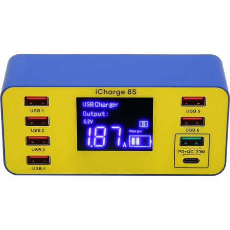 Station de charge à 8 ports, chargeur multi-ports USB 40 W à charge rapide avec écran LCD, prise américaine (100-240 V). (1/5)