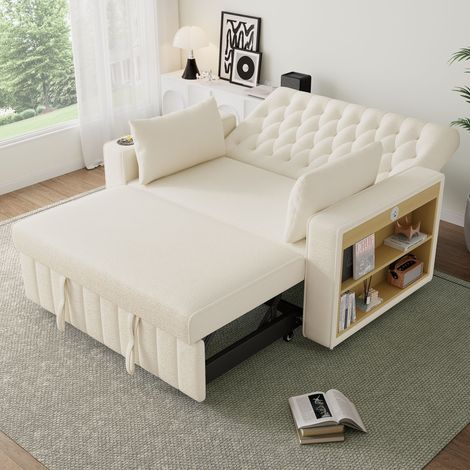 Canapé-lit multifonctionnel, convertible moderne avec rangement et couchage, porte-gobelets, port USB et coussin, canapé gainant d'espace pour salon, chambre et chambre d'amis, Beige (1/5)
