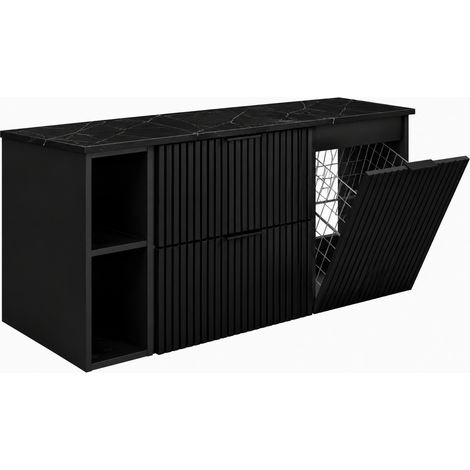 Set di mobili da bagno con cesto portabiancheria, Nero / Piano Marmo Black Royal / Maniglie Nere, 120 x 57 x 46 cm (1/5)