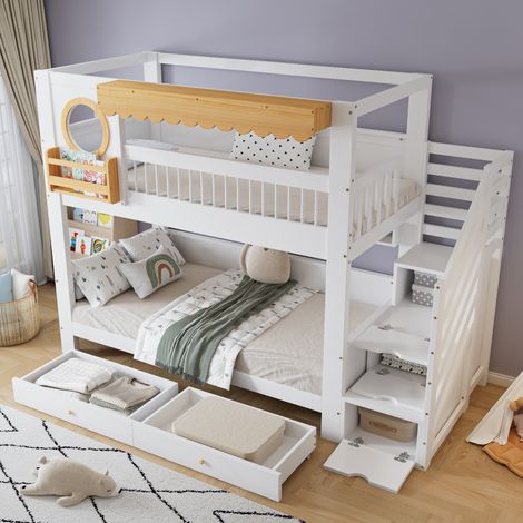 Lit superposé 90x200cm - 2 tiroirs - Escalier avec rangement - Avec étagères - Bois massif + MDF - Blanc+Naturel(sans matelas)