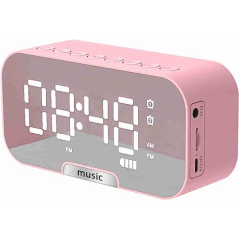 Réveil miroir numérique - Haut-parleur - Radio FM - Rechargeable - 3 niveaux de luminosité - Support pour téléphone - Portable - Rose (1/5)