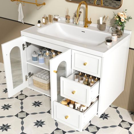 Mobile bagno sospeso MDF bianco 80 cm con lavabo in ceramica, 2 cassetti e armadietto con vetro ondulato (1/5)