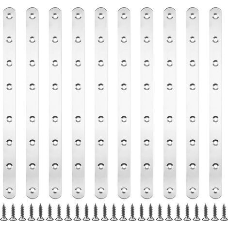 10 pièces 293 x 19 x 3 mm Pattes D'assemblage Supports de Fixation Droits Plats Plaques Dassemblage Métalliques en Acier Inoxydable avec 80 vis de Fixation pour Cadres de Lit, Chaises, Tables (1/5)