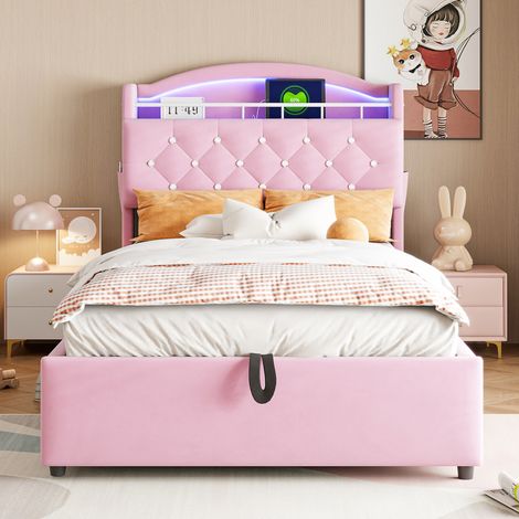 Letto con contenitore in tessuto rosa 90x200 cm con LED, USB e rete a doghe in metallo (1/5)
