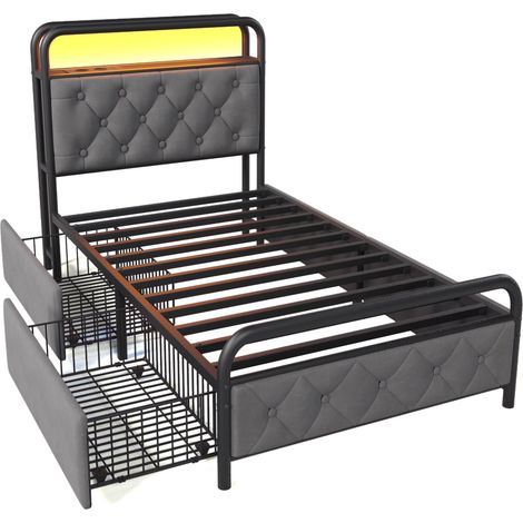 Cama de metal de 90 x 200 cm, cabecero LED multifuncional gris, carga USB tipo C integrada y 2 cajones, ideal para adolescentes y adultos (colchón no incluido). (1/5)