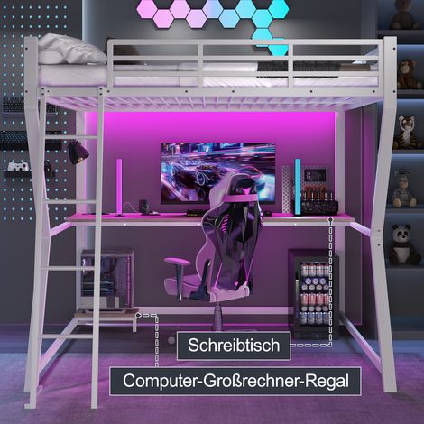 Lit surélevé 140x200cm avec éclairage LED, bureau et étagère pour ordinateur, prises USB, garde-corps et escalier, sans matelas, blanc. (1/5)
