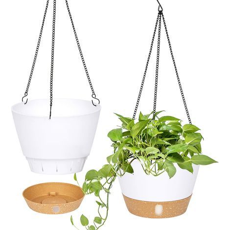 Pots de Fleurs Muraux Auto-Arrosants 2 Pièces avec Plateau Amovible. Chaînes Triangulaires en Acier Inoxydable. Design Minimaliste pour Intérieur et Extérieur (1/5)