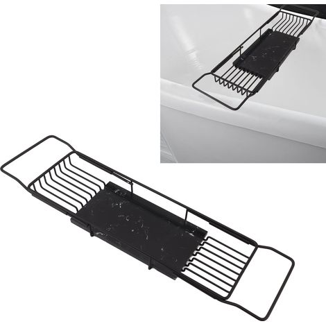 Organizer da bagno antiscivolo in metallo e marmo, ripiano retrattile e multifunzionale, vassoio per vasca, colore nero, ideale come regalo. (1/4)