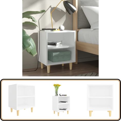 Table de chevet avec pieds en bois massif Blanc 40x30x50 cm - Table De Chevet - Meuble De Chambre - Table Latérale - Design Scandinave - Table Blanche (1/5)