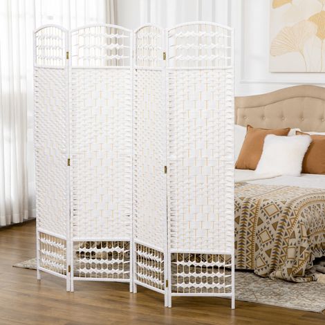 Écran de partage 160x170cm blanc en corde de papier pliable à 4 panneaux décoration pour chambre et salon
