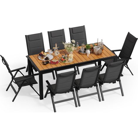 Salon de Jardin Extérieur : 1 Table en Aluminium Imitation Bois + 8 Chaises Longues Pliantes. Solide et Durable. Idéal pour Les Balcons, Les Jardins et Autres Espaces Extérieurs. (1/5)