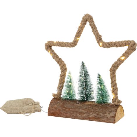 ECD Germany LED Jute Stern mit LED-Beleuchtung 33x9,5x30 cm, Deko Weihnachtsstern aus Seil mit 30 warmweißen LEDs, 3 Tannen, Jutesäckchen, Batterien, Timer, Weihnachtsbeleuchtung Weihnachtsdeko Innen