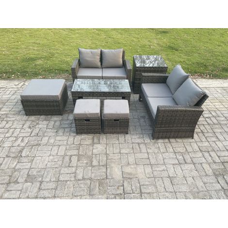 Fimous 7 Places Dossier haut Ensemble de meubles de jardin en rotins ave Table basse rectangulaire Table d'appoint 3 Tabouret Doppelsofa Gris foncé (1/5)