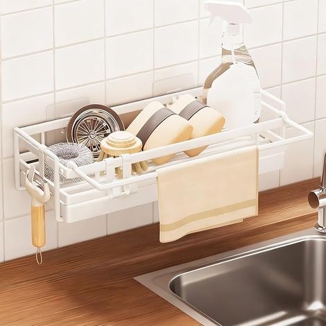 Organisateur Evier Cuisine Avec Porte-Torchons Etagere Cuisine Sans Percage, Bac D'écoulement Amovible et Porte-Serviettes, 2 Crochets, Acier au Carbone Liquide Vaisselle Et Ustensiles De Cuisine Sans (1/5)