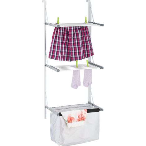Relaxdays Door Hanging Clothes Dryer, Space-Saving Rack, HWD: 125 x 47 x 36 cm, Foldable Wings, with Laundry Bag, Silver