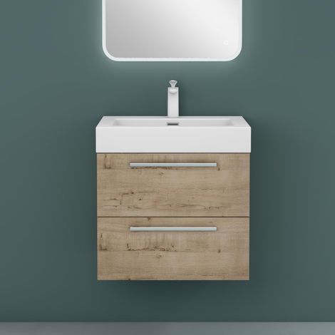 Mai & Mai Mobile Bagno Sospeso60cm, Mobile da Bagno con 2 Cassetti Include Lavabo, Rovere chiaro, Seria Quadratto F161 (1/5)