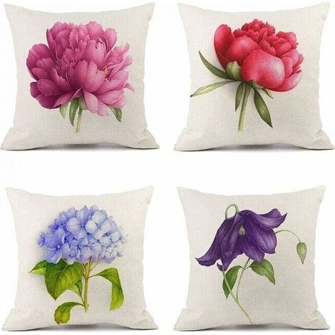 Linen Cushion Covers 45 x 45 cm Outdoor Floral Pattern Pillow Covers for Bedroom Living Room Sofa Balcony Garden Set of 4 (1/4)