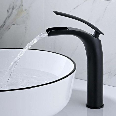 Black Waterfall Bathroom Faucet, Waterfall Sink Faucet, Waterfall Bathroom Mixer Tap with Ceramic Valve, Single Handle, Adjustable Hot and Cold Water (Black - Tall) MUMU (1/4)