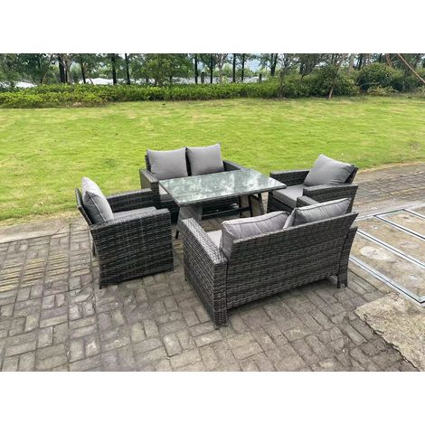 Fimous 6 Seater Outdoor Dark Grey Mixed High Back Rattan Sofa Dining Table Set Garden Furniture (1/5)