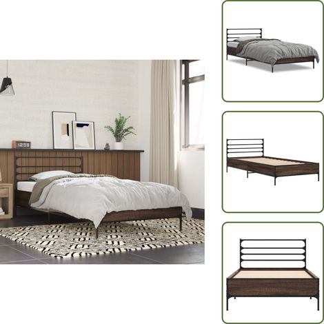 Bettgestell Braun Eichen-Optik 90x200 cm Holzwerkstoff Metall - Holzbettfassungen - Doppelbett Gestell - Bettrahmen - Eiche Optik - Lattenrost (1/5)