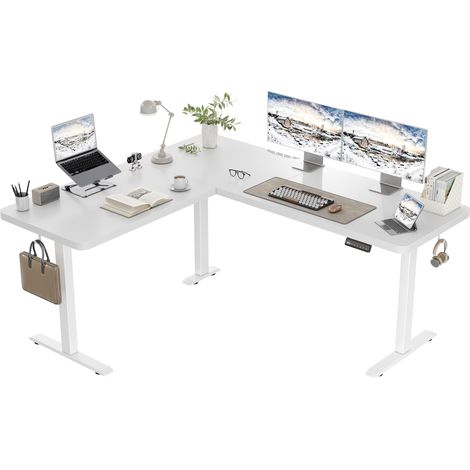Bureau Assis Debout d'angle Électrique en L, 160x140cm, Blanc (1/5)