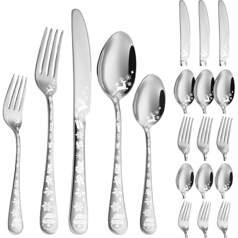 Ménagère de Noël 20 Pièces en Acier Inoxydable, Service de Couverts pour 4 ou 8 Personnes, Compatible Lave-Vaisselle, Argent (1/5)