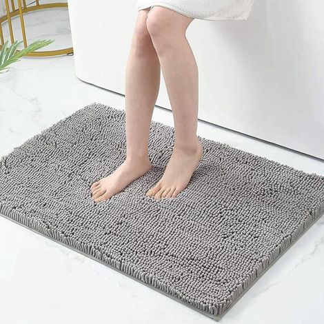 Tapis de bain antidérapant en microfibre chenille - Tapis de bain absorbant - 60 x 90 cm - Gris clair (1/4)