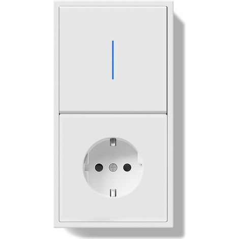 Interrupteur avec Prise, Interrupteur à Bouton Poussoir avec Borne Enfichable, 1 Gang 1 Voie Light Switch avec Voyant LED et Cadre PC, Blanc, 150X80mm (1/5)