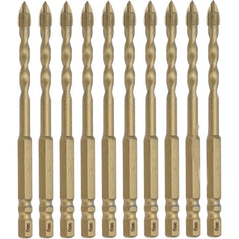 10 forets transversaux à pointe de lance en carbure avec queue hexagonale de 1/4 pouce pour céramique, marbre, verre, cuivre, etc.