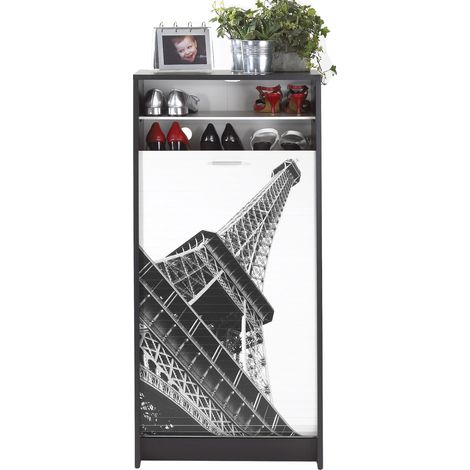 Meuble à chaussures noir rideau tour Eiffel 21 paires Shoot 58cm (1/2)