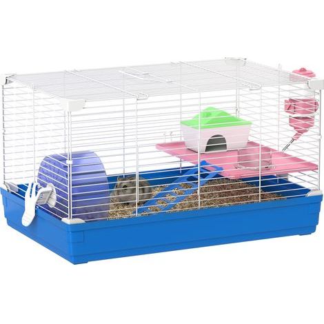 Cage pour hamster et gerbilles avec roue d'exercice, gamelle d'eau, maison et rampes d'accès, 47 x 30 x 27 cm, bleue. (1/5)