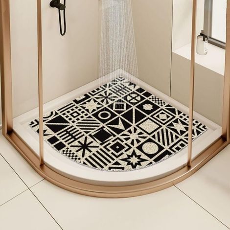 Tapis de douche d'angle pour douche intérieure, antidérapant, anti-moisissure, en luffa, quadrant incurvé pour salle de bain avec évacuation (noir, 60 x 60 cm)