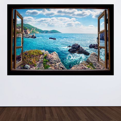 Stickers Trompe l'oeil fenêtre en bois - Vue mer - 60 x 90 cm (1/3)