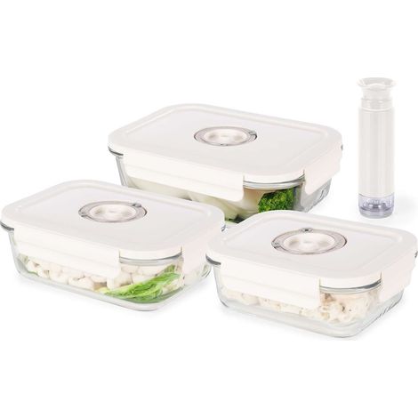 Lot 3 boîtes alimentaires sous vide en verre + pompe + dateur - COMPACTOR - 16.5 x 22 x H.6.6 CM - Transparent