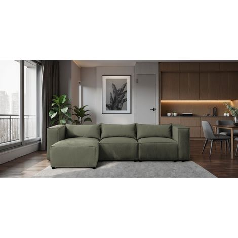 Ecksofa Designersofa NEVIO in Stoff Lincoln Moosgrün Ottomane Links