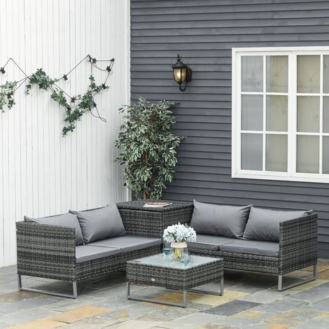 Conjunto de 4 Muebles de Jardín de Ratán con 2 Sofás Dobles Mesa Central Mesa con Arcón Cojines Extraíbles para Terraza Exterior 132x69x64 cm Gris (1/5)
