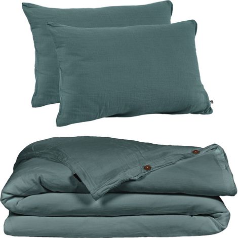 Parure de lit 220 x 240 cm double gaze de coton bleu canard - PEPA 1 (1/5)