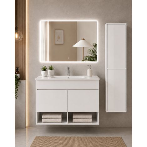 Mueble de baño suspendido con lavabo extraplano ORIGENBATH NEBARI con puertas sin espejo 50x40 cm blanco con columna (1/5)