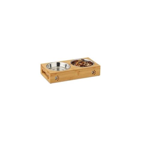 Support avec 2 bols en acier inoxydable et bambou 300 ml, 6,5x31,5x15 cm, argenté/marron –