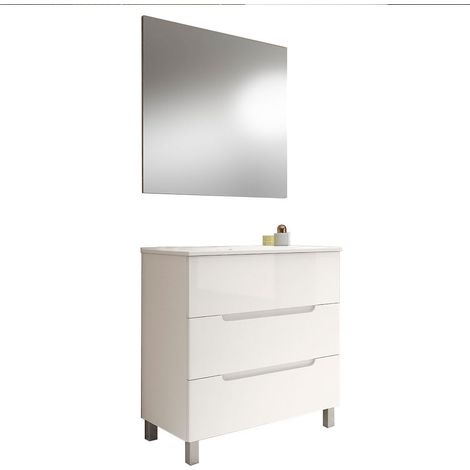 Kibath Mueble de baño con Lavabo, Espejo y Aplique LED VICTORIA 100x45 cm acabado BLANCO mate 3 cajones con patas (1/5)