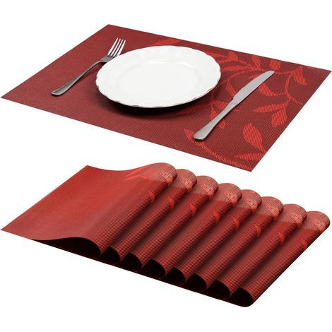 Juego de 8 manteles individuales de PVC antideslizantes y lavables, resistentes al calor, rojos, 45 × 30 cm (1/5)