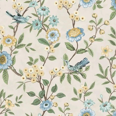 Fine Decor Eleanor Floral Birds Natural Wallpaper Flowers Botanical Feature Wall (1/4)