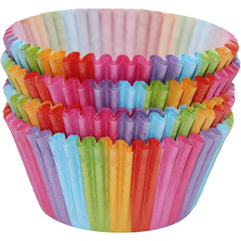 Packung mit 100 regenbogenfarbenen PVC-Muffinförmchen zum Backen von Muffins (1/4)