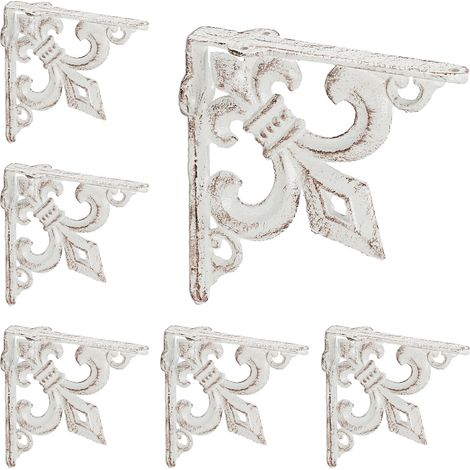 6 x Regalwinkel antik, Regalträger Gusseisen, Lilien Ornament, Vintage Wandwinkel für Regalboden, Regalkonsole, weiß (1/5)