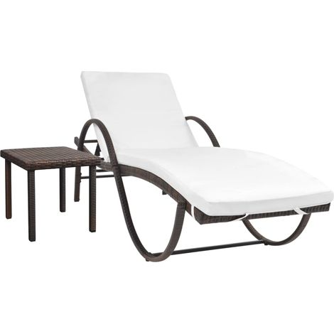 Sonnenliege mit Auflage & Tisch Poly Rattan Braun