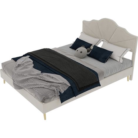 Lit rembourré moderne minimaliste, tête de lit confortable et douce, 140200CM, beige, meuble de chambre multifonction, cadre de lit bas sans barre de relevage, matelas non inclus. (1/5)