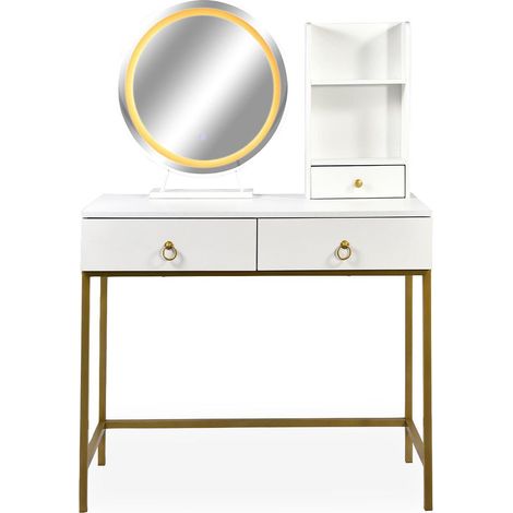 Coiffeuse avec Miroir Rond Lumineux – 90 cm – Meuble Maquillage Blanc (1/5)