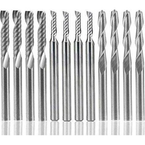Juego de 12 fresas de carburo de tungsteno, 4 fresas CNC de doble filo de 1/8" + 8 fresas de un solo filo (2 tipos) para nylon, resina, ABS, acrílico, PVC, MDF, madera -Crezuo