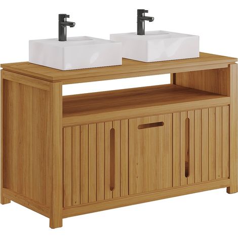 Meuble de salle de bain en teck clair avec double vasque carrée - 120 cm - SARATOK (1/4)